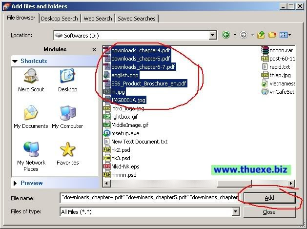 Chọn các file dữ liệu cần ghi.