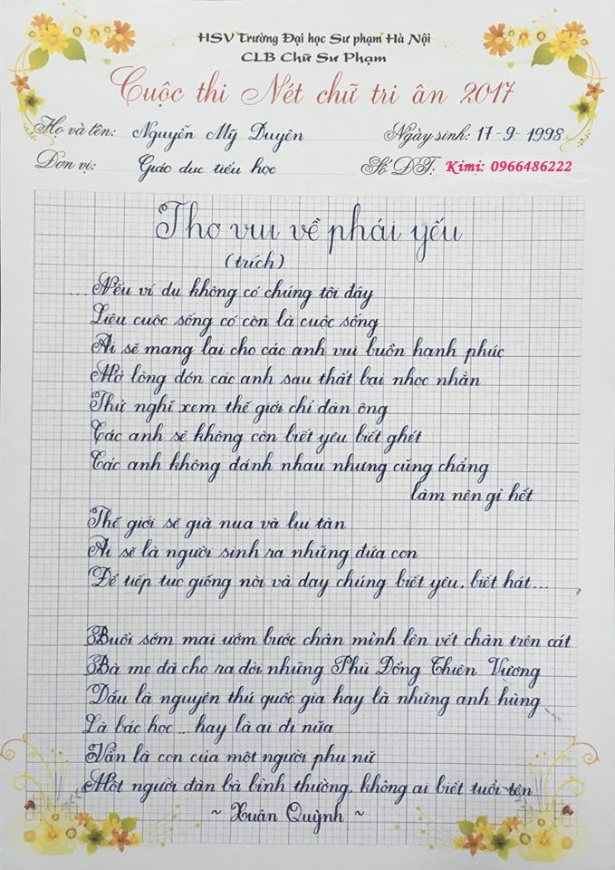 Bài thi của bạn Nguyễn Mỹ Duyên với các con chữ tròn trịa, cân đối