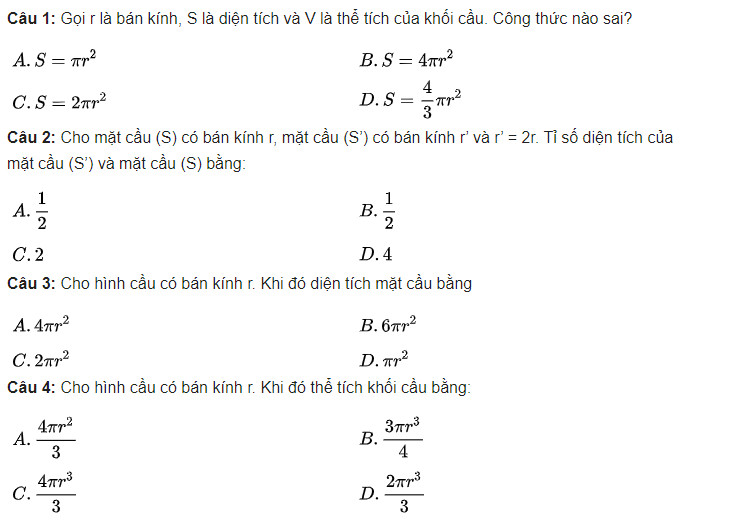 Một số bài tập trắc nghiệm về thể tích khối cầu