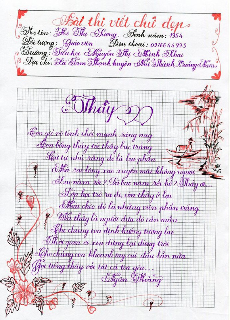 Bài thi của giáo viên Hồ Thị Lương với những nét chữ bay bổng, nghệ thuật