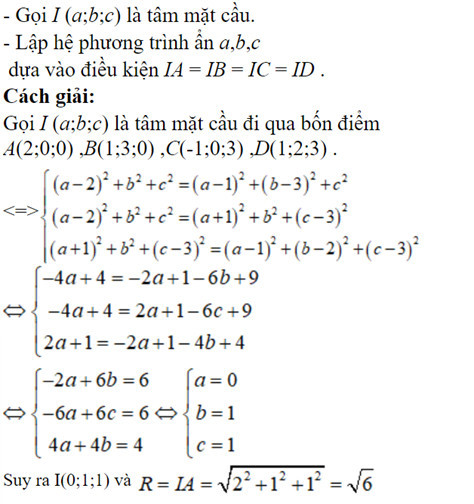 Giải hệ 4 phương trình bậc nhất để tìm các hệ số của mặt cầu