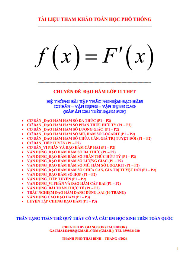 Hệ thống bài tập trắc nghiệm đạo hàm cơ bản – vận dụng – vận dụng cao