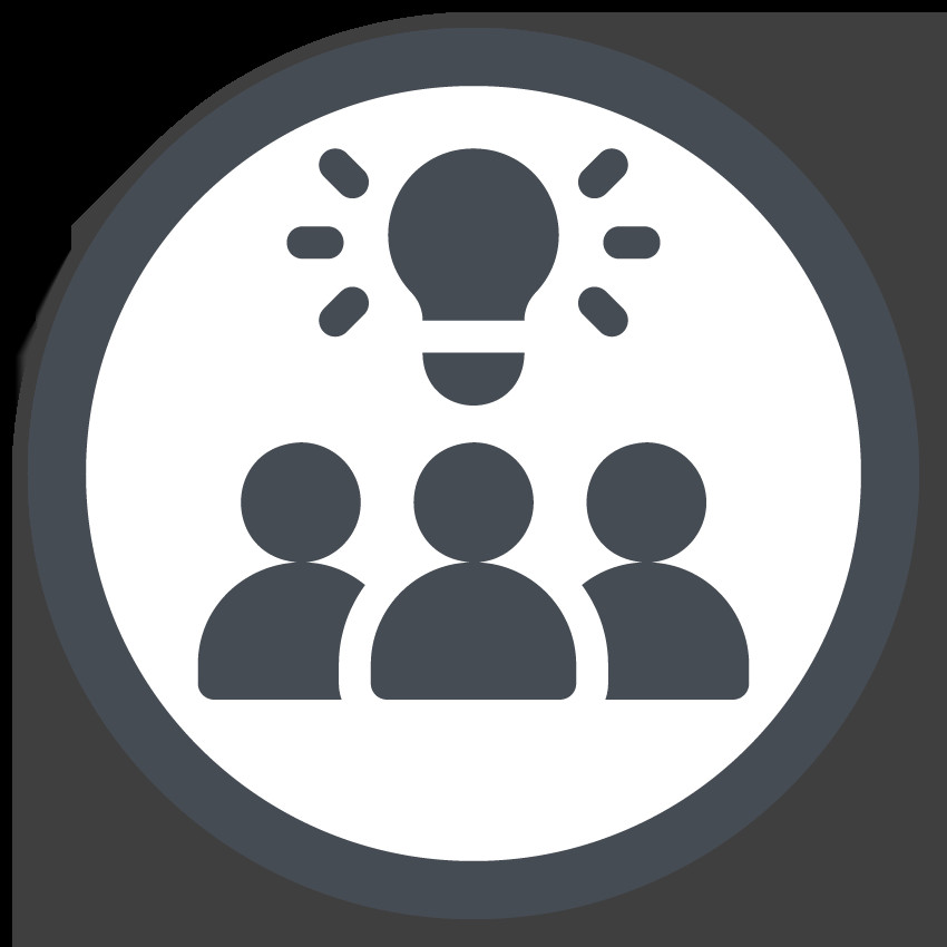 Biểu tượng ba người với bóng đèn sáng phía trên, biểu thị tinh thần làm việc nhóm và hợp tác.