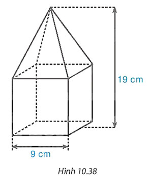Một khối gỗ gồm đế là hình lập phương cạnh 9 cm và phần trên là một hình chóp tứ giác đều