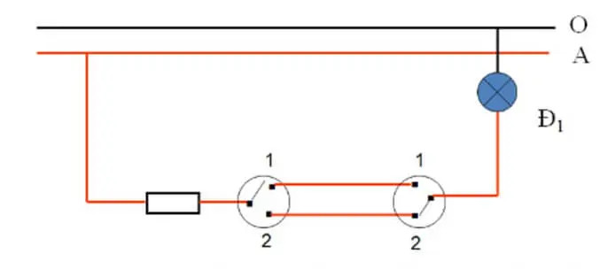 Mạch điện cầu thang 2 công tắc 1 bóng đèn