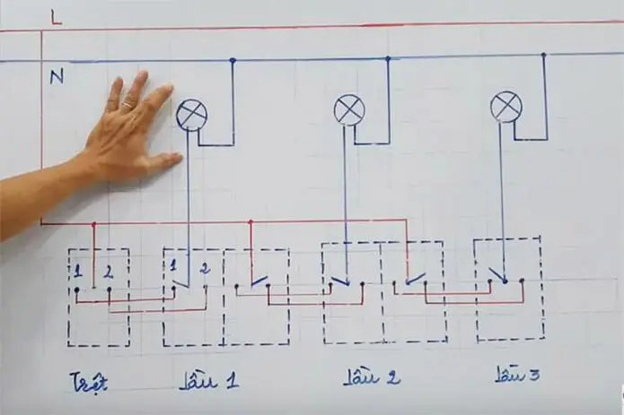 Mạch điện cầu thang 3 công tắc 2 bóng đèn